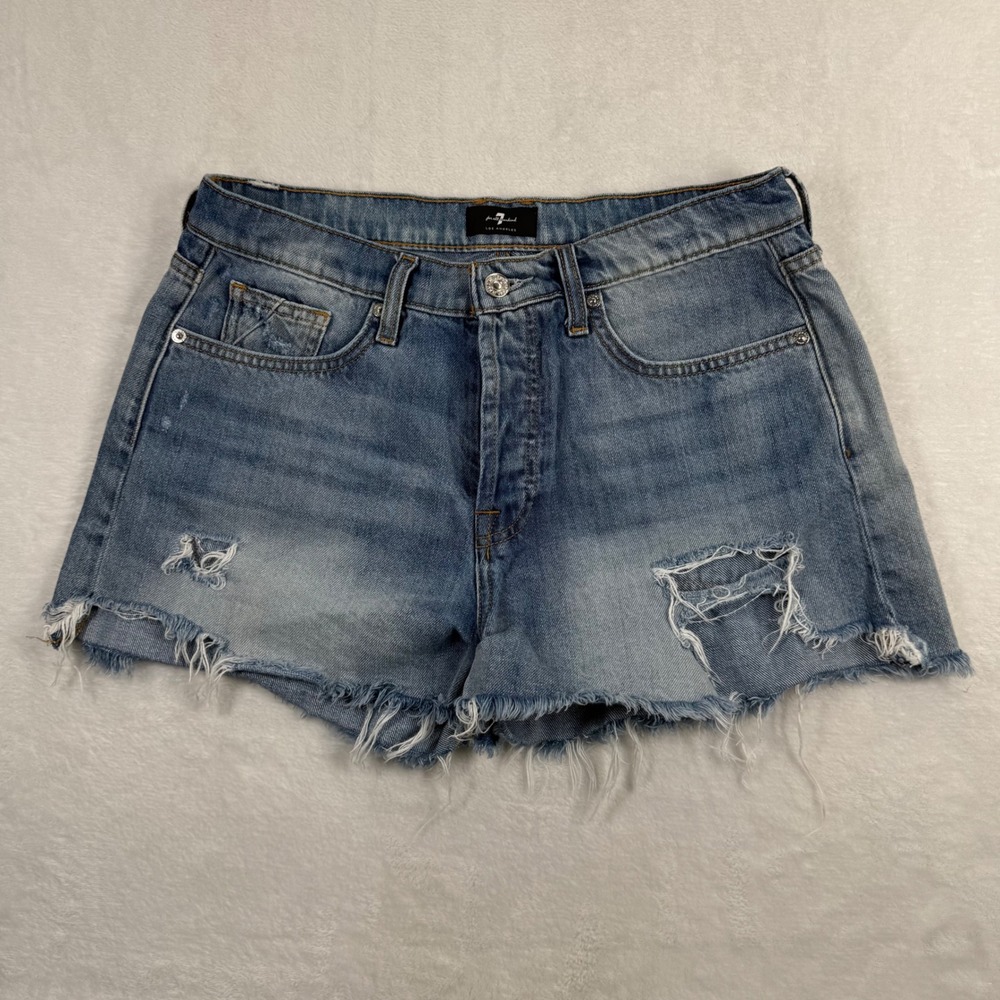 7 For All Mankind Monroe Cutoff Short Light Wash Distressed Denim 30